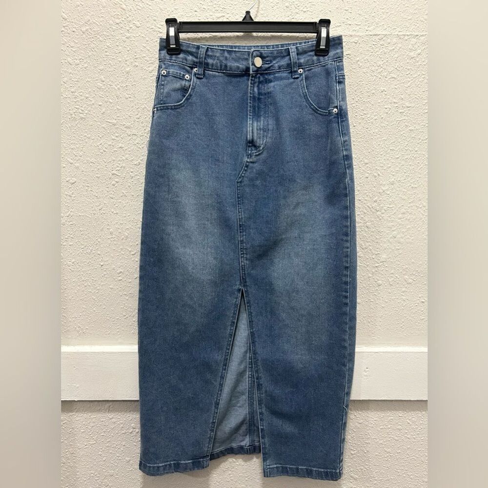 Rachel Zoe Denim Hi-Rise Center Slit MIDI Skirt Size 2